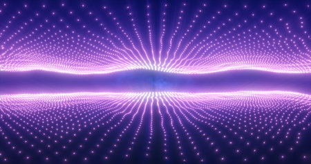 Abstract purple energy waves from particles above and below the screen magical bright glowing...