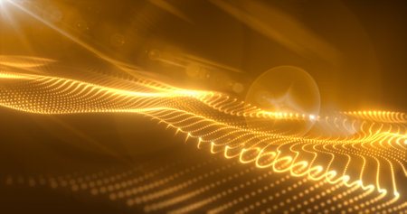 Abstract yellow orange glowing waves from particles and dots energy magical futuristic hi-tech, abstract background.の写真素材
