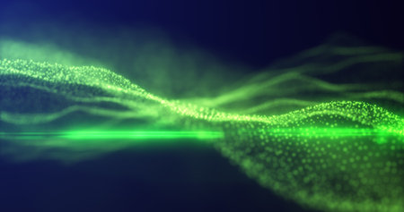 Abstract green energy waves from particles of futuristic hi-tech glowing background.の写真素材