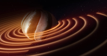 Abstract yellow brown space planet with a round asteroid belt ring futuristic hi-tech on the...