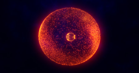 Orange energy sphere with glowing bright particles, atom with electrons and elektric magic field scientific futuristic hi-tech abstract background.の写真素材