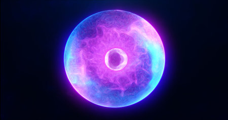 Blue purple energy sphere with glowing bright particles, atom with electrons and elektric magic...