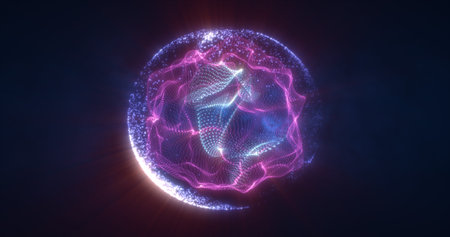 Abstract purple energy sphere from particles and waves of magical glowing on a dark background.