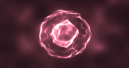 Abstract red energy round sphere glowing with particle waves hi-tech digital magic abstract...
