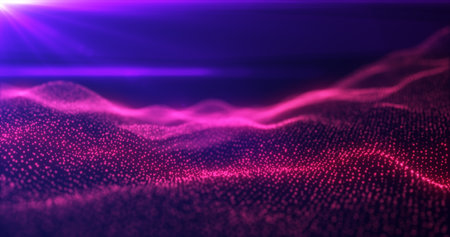 Abstract red energy waves from particles of futuristic hi-tech glowing background.の写真素材