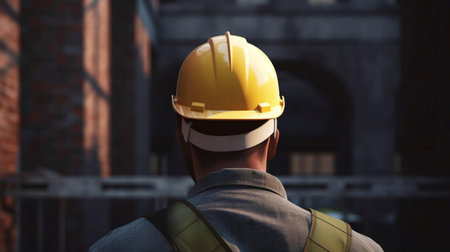 A working man in a protective construction helmet. An engineer at a construction site controls the process of industrial construction. AI generated.の素材