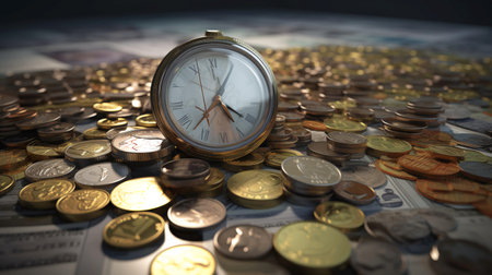 Clock gold coins and money on the table. concept time is money. AI generated.の素材