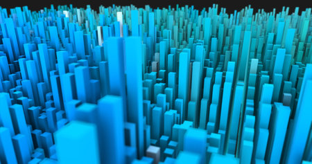 Abstract blue landscape of futuristic rectangles moving waves background.の写真素材