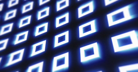 Abstract blue pattern of glowing geometric squares loop futuristic hi-tech black background.の写真素材