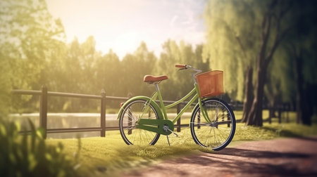 Bicycle in the park. The concept of outdoor recreation in nature and cycling. AI generated.の素材