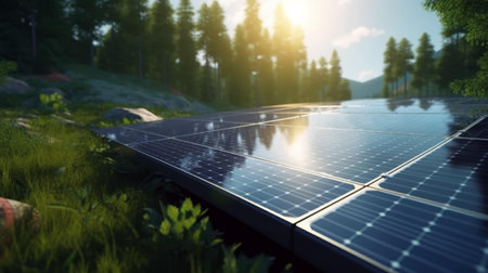 The surface of the solar battery with the reflection of the sun and the sky futuristic background. Green energy concept, solar power plant with panels on the farm. AI generated.の素材