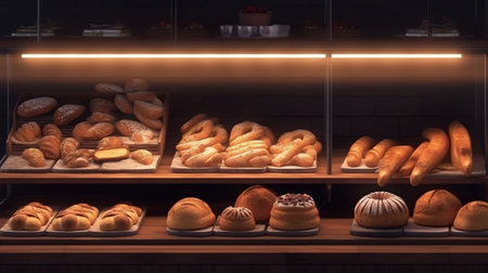 Bakery showcase with delicious fresh pastries, buns, bread, long loaf and cakes. Perarni or coffee shop counter with appetizing goods laid out. AI generated.の素材
