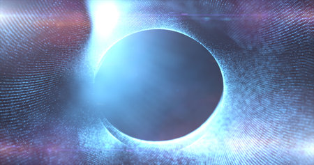 Round blue frame from energy magical glowing particles and light lines abstract background.