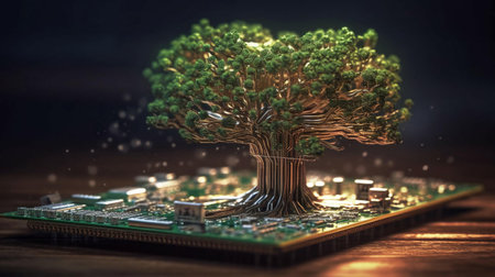 Green natural eco-friendly tree and computer technology on an abstract high-tech futuristic background of microchips and computer circuit boards with transistors. AI generated.の素材
