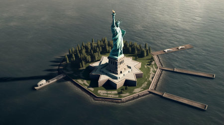 Statue of liberty on the island view from above. A symbol of the freedom and independence of the American people. AI generated.の素材