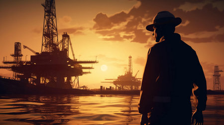 An engineer in a hard hat stands in front of an oil-producing industrial offshore platform. Factory worker with equipment for oil production in the sea and ocean. AI generated.の素材
