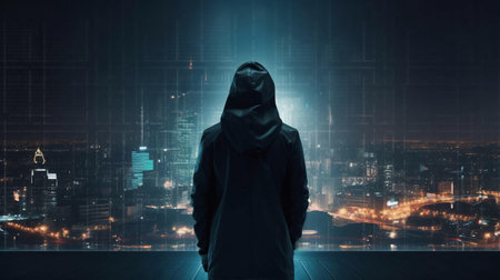 Hacker computer cybercriminal criminal with a jacket and a hood on the background of a big city at night. concept computer data security. AI generated.の素材