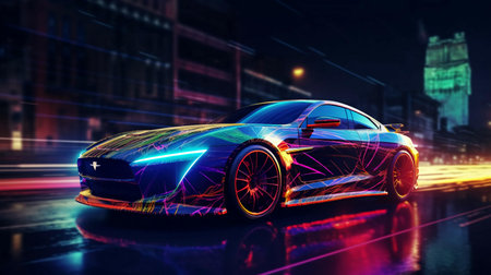 Modern beautiful fast race car sports car is driving fast on the night road with neon rays road. AI generated.の素材
