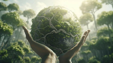 Green natural eco-friendly tree in a glass sphere in hand against the backdrop of nature. The concept of green energy, ecology, environmental protection. AI generated.の素材