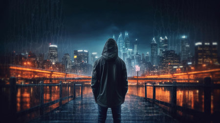 Hacker computer cybercriminal criminal with a jacket and a hood on the background of a big city at night. concept computer data security. AI generated.の素材