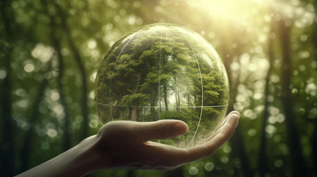 Green natural eco-friendly tree in a glass sphere in hand against the backdrop of nature. The concept of green energy, ecology, environmental protection. AI generated.の素材