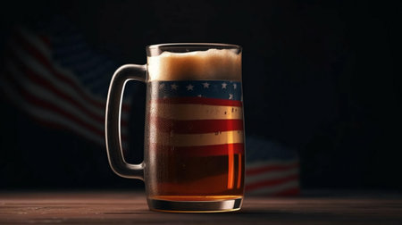 A glass of beer and an abstract star and striped USA state flag. AI generated.の素材