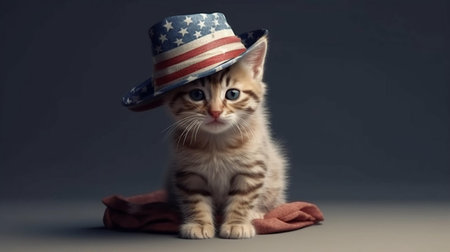 A small kitten sits in a hat the color of the American flag. Concept postcard with a cat for USA Independence Day. AI generated.の素材
