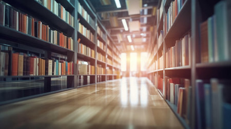 Large library with many books and bookshelves for learning with knowledge. AI generated.の素材
