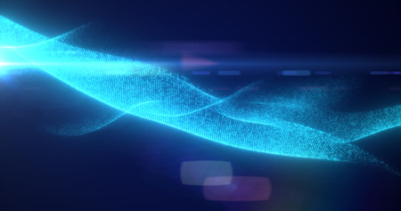 Blue glowing magic waves from energy particles abstract background.の写真素材