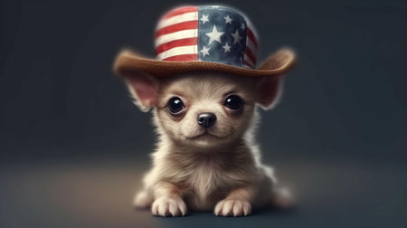 A small puppy sits in a hat the color of the American flag. Concept postcard with a dog for USA Independence Day. AI generated.の素材