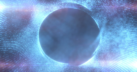 Round blue frame from energy magical glowing particles and light lines abstract background.
