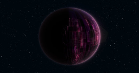 Abstract realistic planet purple hi-tech luminous round sphere in space against the background of...