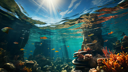 Underwater world with fish and corals. Underwater view of mari fishes and plants. AI generated.の素材