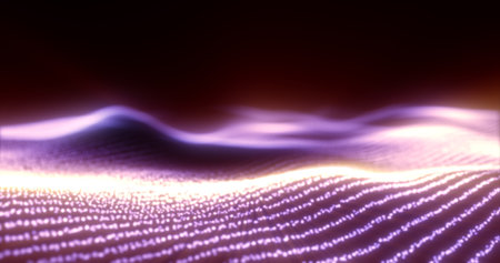 Abstract purple waves from glowing particles and lines futuristic hi-tech background.の写真素材