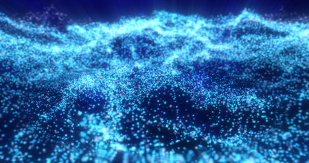 Blue waves from energy particles magical glowing high tech futuristic light dots abstract background.の写真素材