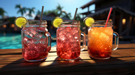 Delicious tropical sweet refreshing fresh fruit cocktails with straws chilling drinks on the beach. Vacation concept at the resort. AI generated.の素材