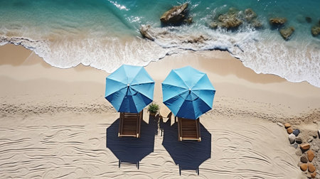 Beach by the sea with waves and sun loungers with umbrellas. Vacation concept at the resort. AI generated.の素材