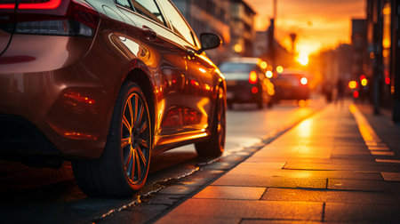 The car is parked on the side of the road at sunset. The concept of transport parking in a big city. AI generated.の素材
