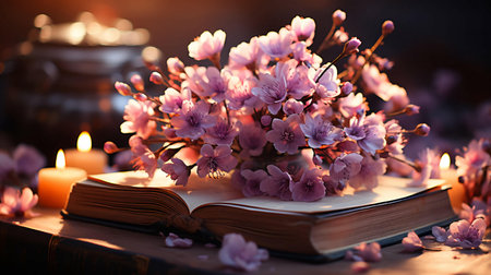 Natural beautiful flowers lie on the pages of an open book against the backdrop of nature. AI generated.の素材