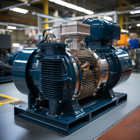 Asynchronous electric motor for pump, modern chemical industrial equipment in an oil refinery petrochemical plant. AI generated.の素材