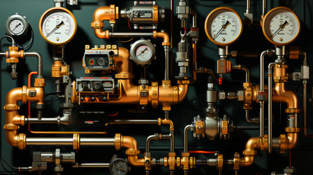 Modern chemical industrial equipment, pipelines with valves for pumping liquids of oil, gasoline and diesel at an oil refinery petrochemical plant. AI generated.の素材