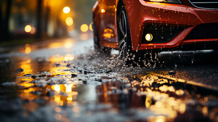 Side view of a car wheel on wet pavement during rain at sunset in the city.の素材