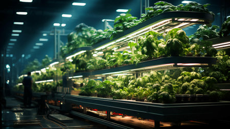 Green eco-friendly hydroponic farm for growing greens and plants in artificial conditions.の素材