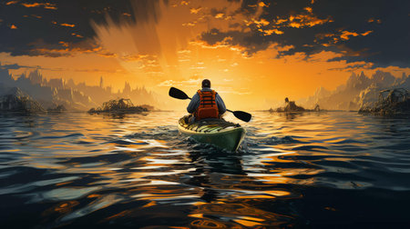 A man is kayaking on the lake. The concept of active tourism and travel. view from the back.の素材