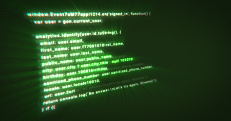 Typing a digital code by a programmer in a programming language, luminous letters and numbers. Making computer programs green background.の写真素材
