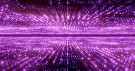 Abstract purple energy hi-tech lines and digital particles fly in a tunnel with bokeh effect glowing...