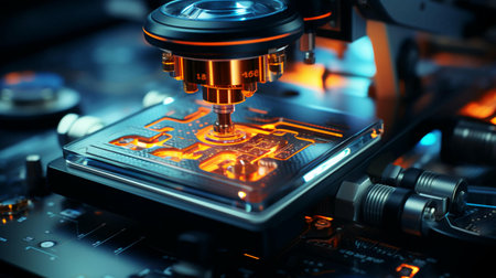 High tech futuristic digital microscope in scientific or medical laboratory for research.の素材