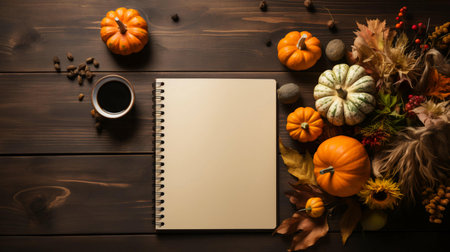 Orange pumpkins lie on a wooden table and a blank notepad with space for text for the holiday Halloween flat lay.の素材