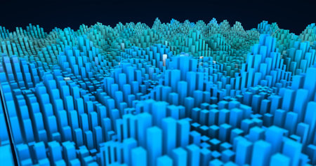 Abstract blue landscape of futuristic rectangles moving waves background.の写真素材