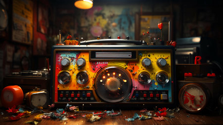 Old stylish vintage audio retro music cassette tape recorder poster from the 80s 90s.の素材